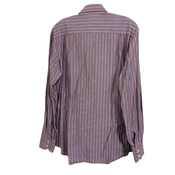 Harry Rosen Mens L Casual Button Up Shirt Olive Green Pink Striped Cotton Italy - Picture 2 of 5